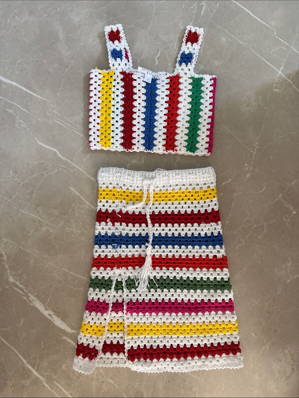 Nessi Byrd Girls Crochet Rainbow Stripe Crop Top & Skirt Set